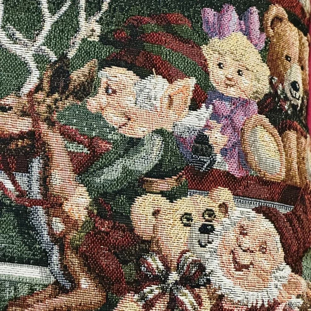 Vintage Christmas Tapestry Throw Pillow Santa Workshop Toys Elves 15